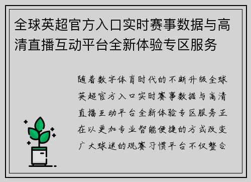 全球英超官方入口实时赛事数据与高清直播互动平台全新体验专区服务